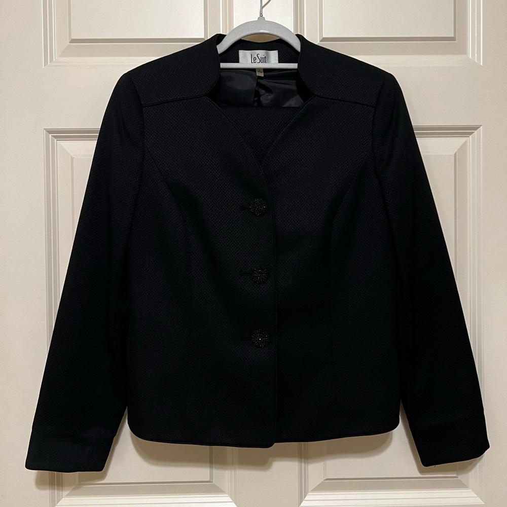 Le Suit Black Skirt Suit w/ Scalloped Collar & Sparkly Buttons